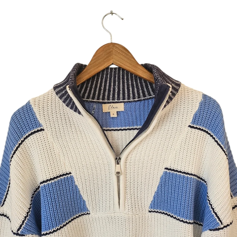 Elan Sloane Cotton Blend Half-Zip Pullover Sweater Blue Ivory Contemporary Sz S - Picture 2 of 9